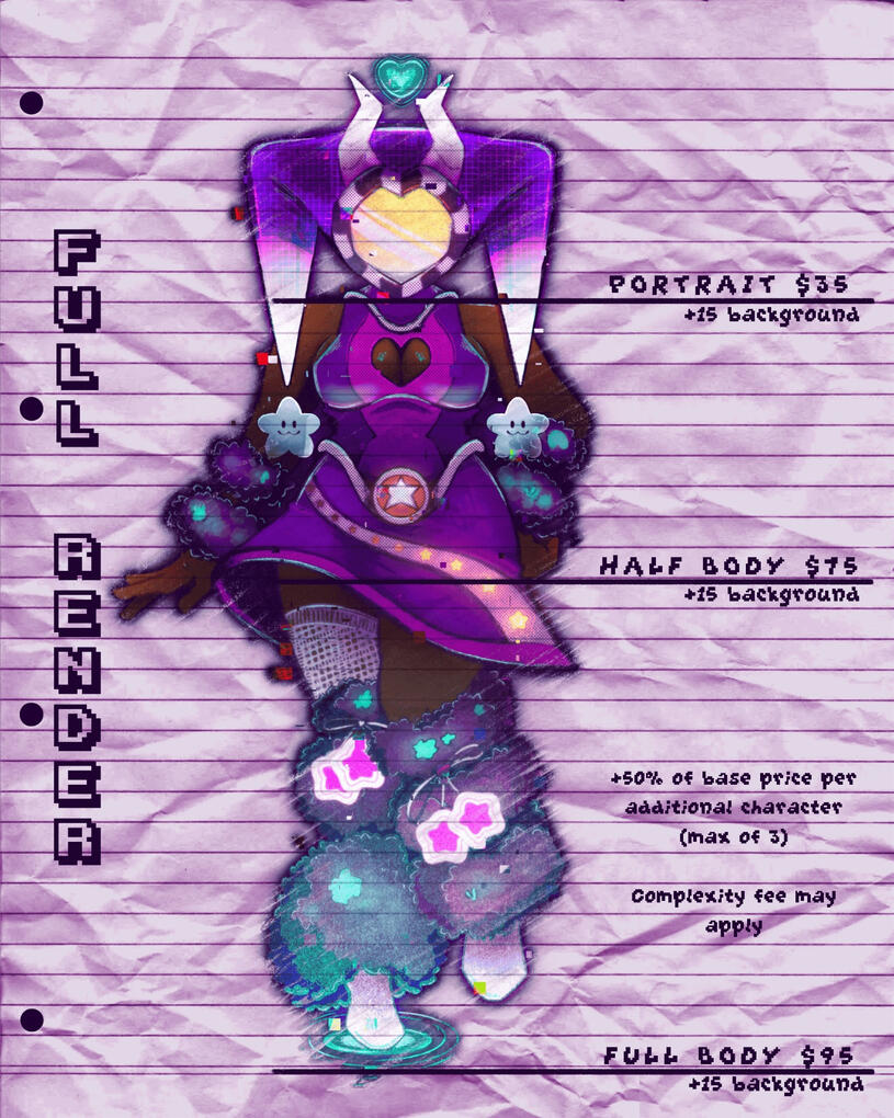 Full rendered commission: portrait for $35, half body for $75, full body for $95. +50% base price per additional character (max of 3). Complexity fees may apply.